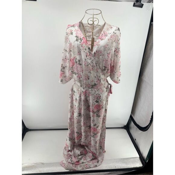 WAYF POLY CHIFFON PINK Floral LONG Wrap DRESS Size Large Feminine - Picture 1 of 13